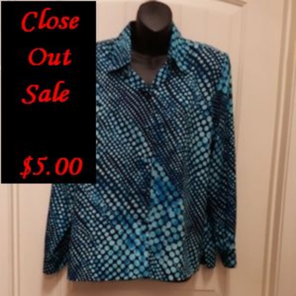EUC Liz Baker Long Sleeve Blue & Navy Print Blouse